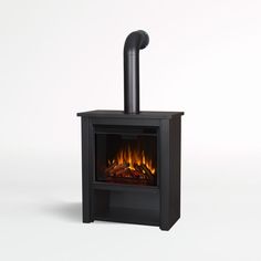 an electric fireplace with a metal pipe on top