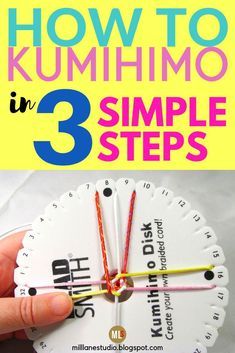 a hand holding a small clock with the words how to kumhimo in 3 simple steps