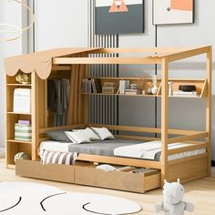 a child's bedroom with a bunk bed and bookcases on the floor