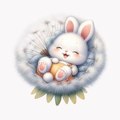 a white bunny is sleeping in a dandelion