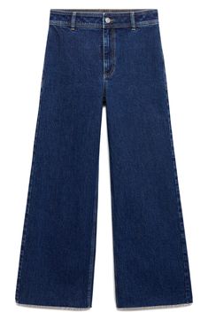 Inspired by retro culottes, these wide-leg jeans feature a flat-front waist, raw hems and dark-wash, low-stretch denim with minimal fading. Zip fly with button closure Back patch pockets 99% cotton, 1% elastane Machine wash, line dry Imported Luxury Dark Wash Wide Leg Cropped Jeans, Dark Wash Cropped Wide-leg Jeans, Dark Wash Wide-leg Denim Jeans, Jeans Mockup, Dark Wash Wide-leg Cropped Cotton Jeans, Mid-rise Dark Wash Denim Wide Leg Pants, Dark Blue Jeans, Back Patch, My Vibe