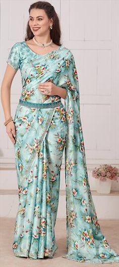 Blue color Saree in Georgette fabric with Digital Print, Floral, Zircon work Festive Blue Digital Print Sets, Blue Floral Print Wedding Sets, Blue Floral Print Dupatta For Diwali, Diwali Blue Floral Print Dupatta, Festive Blue Floral Print Dupatta, Fitted Blue Floral Print Saree, Elegant Blue Dupatta With Digital Print, Fitted Blue Blouse Piece With Floral Print, Diwali Blue Blouse Piece With Floral Print