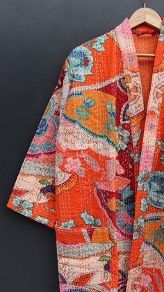 Orange Bohemian Cotton Kimono, Suzani Jacket, Tie Belt Coat, Chill Fashion, Moda Kimono, Kantha Silk, Quilted Pants, Belt Coat, Quilted Coats