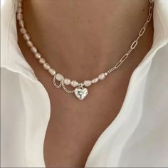 Jewelry | New 925 Sterling Silver Pearl Asymmetrical Heart Necklace | Poshmark Stamped Necklaces, Bride Jewelry, Baroque Pearl Necklace, Silver Heart Pendant, Chain Choker Necklace, Silver 925 Necklace, 925 Sterling Silver Chain, Elegant Necklaces, Bride Jewellery