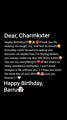 a birthday card with the words dear, charmxter and emoticions on it