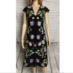 Waist: 27'', Length: 42.5'', Pit To Pit: 18'' Fully Lined, Zip Back 94% Polyester, 6% Elastane Machine Wash, Tumble Dry Special Occasion New With Tags B-22 Fitted Knee-length Midi Dress With Floral Embroidery, Fitted Embroidered Midi Dress With Floral Print, Fitted Midi Length Embroidered Dress, Fitted Floral Print Embroidered Midi Dress, Fitted Short Sleeve Embroidered Midi Dress, Spring Black Embroidered Midi Dress, Spring Black Midi Dress With Floral Embroidery, Black Embroidered Midi Dress For Spring, Fitted Floral Embroidered V-neck Midi Dress