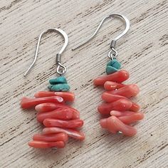 Summer ready coral and turquoise dangle earrings on stainless steel fishhook ear wires and headpins. Rubber earring backs included.  Wear these fun earrings for a pop of summer color.  Ships in 1-2 days Handmade Coral Earrings For Summer, Handmade Coral Drop Earrings, Coral Dangle Earrings, Coral Earrings With Ear Wire As Gift, Turquoise Dangle Earrings, Turquoise Earrings Dangle, Summer Color, Head Pins, Coral Turquoise