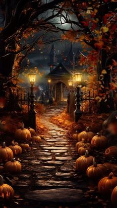 an image of a halloween scene with pumpkins on the ground and lights in the trees