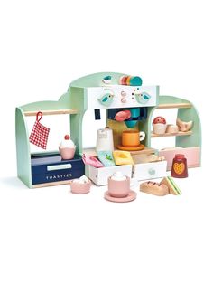 a toy kitchen with various items in it