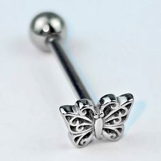 Filigree Beauty Butterfly Barbell Tongue Ring - Surgical Grade Stainless Steel - Body Candy Butterfly Tongue Piercing, Cute Tongue Piercing Jewelry, Frog Eye Piercing Tongue, Cute Tongue Piercing, Tongue Jewelry, Tongue Piercing Jewelry, Eye Piercing, Tongue Ring, Piercing Inspo