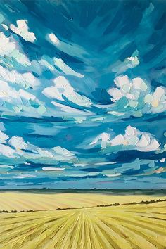 a painting of a field with clouds in the sky