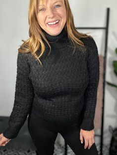 The Noir Plush Turtleneck Sweater is the perfect addition to your wardrobe. Made of plush, stretchy and soft material, it's great with any outfit, whether you're dressing up with a skirt or keeping it casual with jeans. Layer it up for added warmth and comfort. Material: 40% Nylon, 30% Acrylic, 30$ Polyester Sizing: Small: Sizes 4-6 Medium: Sizes 8-10 Large: 12-14 Model Info: Opal: Size 8, 36DD, 5’7 (true to size M wearing a M) Fitted Soft Texture Winter Sweater, Stretch Tops For Cold Weather In Fall, Winter Textured Knit Stretch Turtleneck, Soft Knit Stretch Tops For Cold Weather, Winter Stretch Textured Knit Turtleneck, Black Textured Knit Turtleneck With Long Sleeves, Trendy Stretch Sweater With Soft Texture, Black Long Sleeve Sweater With Soft Texture, Trendy Textured Knit Top For Cold Weather