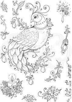 a drawing of a bird on a branch with flowers