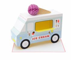 an ice cream truck is shown on a card with a scoop of ice cream in it