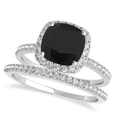 Cushion Black Diamond Halo Bridal Set 18k White Gold Black Square Engagement Ring, Black Pave Setting Jewelry For Wedding, Black Diamond Wedding Rings Sets, Black Engagement Ring Set, Black Diamond Bridal Set, Black Diamond Engagement Ring Halo, Lab Created Engagement Rings, Gothic Wedding Rings, Black Diamond Wedding Rings