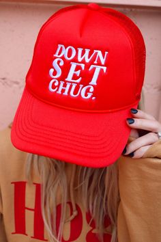 Down. Set. CHUG!!! The cutest red trucker hat for gameday! Red Trucker Hat, Football Season, New Instagram, Favorite Team, Trucker Hat, Football, Hats, Red, Color