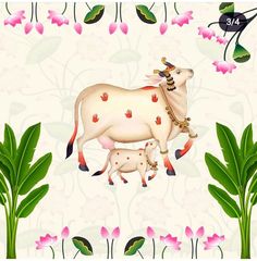 an image of a cow and her calf in the middle of some pink flowers on a white background