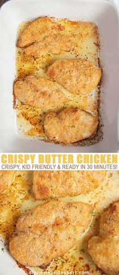 the recipe for crispy butter chicken is shown in two different pictures, and then on top