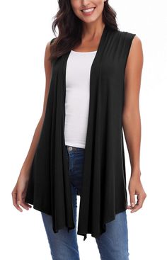 PRICES MAY VARY. Features: Open front cardigan, casual loose fit, sleeveless duster, long vest, asymmetric hem, draped, lightweight. Material:Smooth and soft fabric, skin-friendly, comfortable to wear. Style:Asymmetric hem front helps to hide your belly, sleeveless design make you cooler, loose and casual style. Matching:Easy to match with tank top or slim fit t-shirt inside, or pants like jeans, leggings or shorts. Occasion:A trendy outfit, suitable for various occasions like business office, p Asymmetric Cardigan, How To Tie A Knot, Asymmetrical Vest, Long Sleeveless Vest, Lightweight Open Front Cardigan, Vest Layering, Sleeveless Duster, Draped Sweater, Tie A Knot