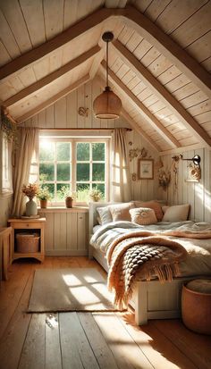 an attic bedroom with wooden floors and white walls