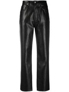 Shop black AGOLDE high-waisted leather trousers with Express Delivery - Farfetch Sleek Straight Leg Leather Pants With Pockets, Modern Black High-waisted Leather Pants, Classic Leather Pants For Workwear, Classic Leather Pants With Five Pockets For Work, Sleek Straight Leg Pants With Five Pockets, Wide Leg Leather Pants With Five Pockets For Work, Wide Leg Leather Work Pants With Five Pockets, Leather Pants Women, Loose Trousers