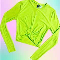 Neon Lime Knotted Front Crop Top. Scoop Neckline & Long Sleeved With A Lot Of Stretch. Worn 2x Only. Material Easily Pulls So Take Care. Measurements Available Upon Request Green Silk Shirt, Lime Green Shirts, Knot Crop Top, Front Crop Top, Neon Color, Green Silk, Silk Shirt, Colorful Fashion, Concert Outfit