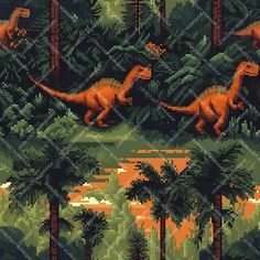 cross stitch dinosaurs in the jungle with trees and bushes, on a background of an orange sky