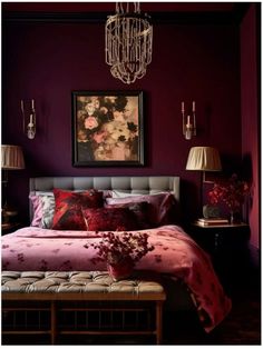 a bedroom with purple walls and a chandelier hanging from the ceiling above it