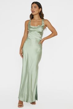 Shop the Sitara Tied Back Maxi Dress Sage | Selfie Leslie Birthday Soiree, Dress Sage, Satin Clutch, Halter Neck Maxi Dress, Halter Maxi Dress, Red Carpet Event, Halter Maxi, Satin Maxi, Satin Maxi Dress