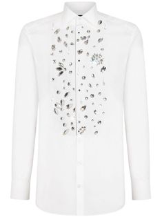 optical white cotton rhinestone embellishment cutaway collar front button fastening long sleeves buttoned cuffs curved hem Cutaway Collar, Dolce E Gabbana, Dress Watch, Sweaters Knitwear, Dolce & Gabbana, Shirt White, Jean Coat, Shirt Jacket, White Cotton