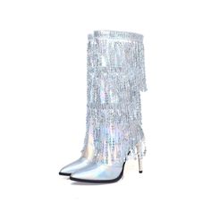 SPECIFICATIONS Compose a commanding look with these Patent Leather Rhinestone Fringed Catwalk Boots. With a pointed toe and sleek stiletto heel, these knee-high boots bring stunning artistry to your wardrobe. The glimmering rhinestones and cascading fringes add an exquisite finesse that will make your stride the star of the show. is_handmade: Yes With Platforms: No Upper Material: Patent Leather Toe Shape: Pointed Toe Style: Punk Shaft Material: Patent Leather Season: Spring/Autumn Pattern Type: Glamorous High Ankle Boots For Party, Sequin Party Boots For Party Season, Winter Silver Sequined Boots, Party Heeled Boots With Rhinestones And Pointed Toe, Embellished Pointed Toe Boots For Party Season, Winter Party Boots With Rhinestones, Glamorous Winter Boots With Sequins, Glamorous Embellished Heeled Boots With Pointed Toe, Glamorous Embellished Boots For Party Season