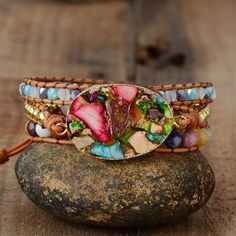 Bohemian Arts - Rhinestone leather wrap Bracelet Gemstone Wrap Bracelet, Wrap Armband, Beaded Leather Wraps, Bracelet Chakra, Jasper Bracelet, Energy Bracelets, Stone Wrapping, Beaded Wrap Bracelets, Natural Stone Bracelets