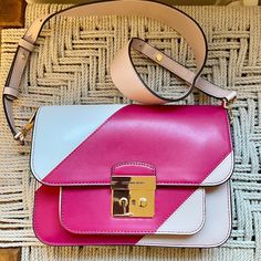 Michael Kors Pink Colorblock Leather Shoulder Bag - 6.5''H X 9''W X 3''D,Detachable Adjustable Shoulder Strap 14.5''-17'' - Leather, Goldtone Hardware - Foldover With Pinch Lock Closure - One Exterior Pocket With Magnetic Snap Closure - Three Interior Slide Compartments, One Slide Pocket, And One Zip Pocket Never Used. Comes With Dust Bag. Designer Pink Crossbody Flap Bag, Designer Pink Flap Shoulder Bag, Designer Pink Shoulder Flap Bag, Modern Pink Satchel Flap Bag, Modern Pink Flap Shoulder Bag, Luxury Pink Rectangular Flap Bag, Designer Pink Leather Flap Bag, Luxury Pink Square Bag, Luxury Pink Square Bags