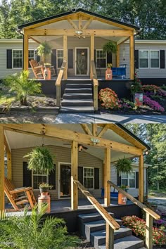 before and after pictures of a house with porches