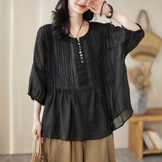 Details: Gender: Women Item Type: T-Shirt Material: Linen Season: Summer Pattern: Pleated Style: Casual, Loose, Retro Waist Type: Elastic Waist Size: One Size Length: 62.00 cm/ 24.41 " Bust: 138.00 cm/ 54.33 " Sleeve: 45.00 cm/ 17.72 " Fashion Outfits Casual, Summer Pattern, Oversized Dress, Summer Patterns, Black Khakis, Linen Dresses, Summer Tshirts, Waist Size, Suits You