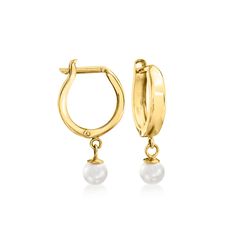 Ross-Simons - 4-4.5mm Cultured Pearl Huggie Hoop Earrings in 14kt Yellow Gold. 3/4". RS Pure. Create the perfect stackable look with simple, modern jewelry. These small huggie hoop earrings have it all! The dainty hoops dangle 4-4.5mm cultured freshwater pearls in 14kt yellow gold. Wear them with tiny stud earrings for a minimalist statement. Hanging length is 3/4". Hinged post, white pearl huggie hoop earrings. Pearl birthstones are the perfect gift for June birthdays. Classic Stackable Hoop Huggie Earrings, Classic Small Hoop Stackable Huggie Earrings, Classic Small Hoop Stackable Earrings, Classic Small Stackable Hoop Earrings, Classic Round Stackable Hoop Earrings, Elegant Stackable Small Hoop Earrings, Elegant Small Hoop Stackable Earrings, Classic Stackable Huggie Earrings, Classic Yellow Gold Stackable Huggie Earrings