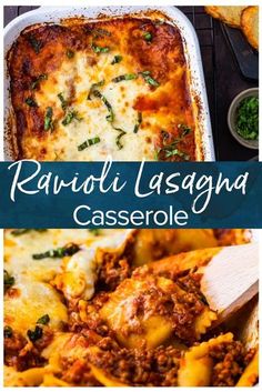 ravioli lasagna casserole with cheese and spinach on the side