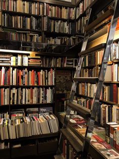 there are many books on the shelves in this room and one has a ladder up to it