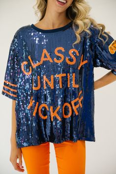 CLASSY UNTIL KICKOFF TIGER SEQUIN TOP gameday23 Judith March SMALL Varsity Tops For Cheerleading During Football Season, Collegiate Blue Tops For Cheerleading, Varsity Team-colored Tops For Game Day, Varsity Tops For Game Day, Blue Top For College Football Season, Blue Cheerleading Top, Blue School Spirit Tops For Cheerleading, Blue Tops For Cheerleading With School Spirit Style, Blue Graphic Print Top For Cheerleading