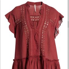 Nwt Free People Large Lovebird Combo Burgundy Baby Blues Tunic. Perfect With Skinny Jeans Or Leggings. Brand New In Plastic. Red Bohemian Tops With Lace Trim, Bohemian Red Tops With Lace Trim, Red Lace Trim Top For Summer, White Tunic Shirt, Denim Corset Top, Floral Print Tunic, Ruffled Tunic, Boho Tunic Tops, Free People Tunic