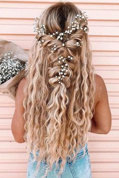 Long Wedding Hair With Flower Crown, Off The Shoulder Hairstyles Wedding, Blair Wedding, Wedding Renewal, Braided Half Up, Boho Wedding Hair, Long Hair Wedding Styles, Hair Idea, Wedding Hair Inspiration