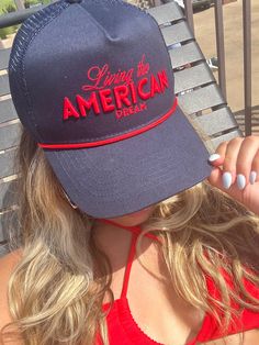 Shop the perfect mesh snapback hat, "Living the American Dream"! 5 pan hat. Dark blue and red for a stylish look and fit. Shop 1-800 Flags for all hats! July Outfits, Neoprene Bag, Best Travel Accessories, 5 Panel Hat, Vintage Trucker Hats, The American Dream, School Collection, 4th Of July Outfits, Usa Outfit