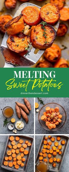 the steps to making melting sweet potatoes are shown in this collage with text overlay