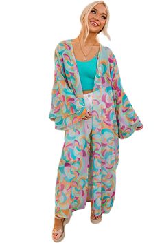 Multicolor Printed Double Layered Bell Sleeve Long Flowy Cardigan V-neck Multicolor Outerwear For Spring, Trendy Multicolor Open Front Outerwear, Trendy Multicolor Cardigan For Day Out, Multicolor Summer Cardigan For Day Out, Summer Multicolor Cardigan For Day Out, Trendy Colorful Spring Cardigan, Multicolor Long Sleeve Cardigan For Spring, Multicolor Open Front Cardigan For Day Out, Trendy Green Outerwear For The Beach