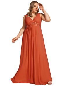 This stunning Sleeveless Embroidered Chiffon A-Line Evening Dress is sure to turn heads! The intricate embroidery on the waist adds a touch of glamour, and the flowy chiffon fabric drapes elegantly to the floor. Perfect for any special occasion where you want to look your best! A must-have! Round out your vacation and weekend wardrobe with this plus size dress Ever-Pretty Floral Applique Sleeveless Chiffon Long Formal Evening Dress | Burnt Orange | Dresses | Materials & Care Instructions: ['100% Sleeveless Chiffon Dress For Banquet, Flowy Sleeveless Chiffon Dress For Banquet, Elegant Chiffon Sleeveless Dress For Wedding, Chiffon Party Dress With Empire Waist, Chiffon Dress With Empire Waist For Party, Summer Chiffon Evening Dress Embellished, Embellished Chiffon Dress, Summer Embellished Chiffon Evening Dress, Sleeveless Georgette Maxi Dress For Evening