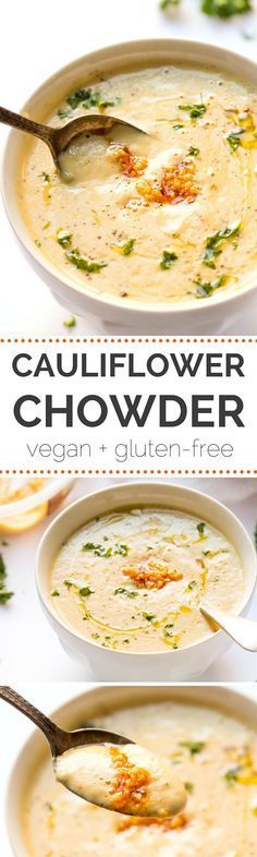 three bowls of cauliflower chowder with spoons in them and the title above it