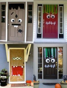 four pictures of different doors decorated to look like halloween decorations