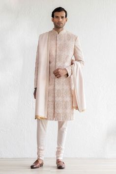 Shop for Qbik Pink Absham Embossed Velvet Sherwani Set for Men Online at Aza Fashions Ivory Sherwani, Pink Sherwani, Sherwani For Men Wedding, Embroidered Sherwani, Embossed Velvet, French Knot Embroidery, Sherwani For Men, Mens Kurta Designs, Silk Kurta