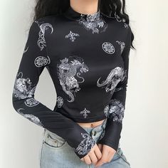 Vintage Dragon Print Black T-shirt Fe Clothing, Vintage Dragon, Embroidered Denim Jacket, Dark Style, Dragon Print, Denim Coat Jacket, Tshirt Outfits, Indie Brands, Dark Fashion