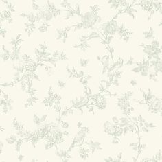 a white and green floral wallpaper with small flowers on the left side of it